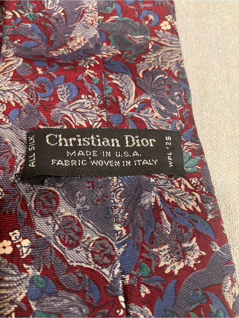 Dior silk Burgundy Tie with Blue, Purple and Green Floral Paisley